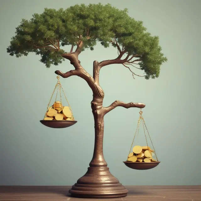 Golden coins symbolize investments. The balance scale represents using the Kelly Criterion for profit targeting by comparing the formula and a growing tree representing optimal target profits.