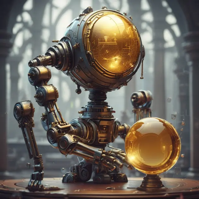 Robot trader setting take-profit orders on an automated trading system with a crystal ball and golden ruler.