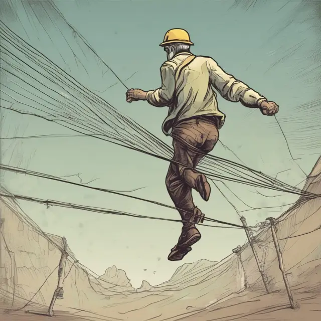 An investor walking a tightrope between potential losses and gains, with take-profit and trailing stop orders serving as safety nets to lock in profits over an extended investment period.