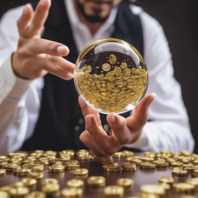 A trader carefully examines a crystal ball filled with golden coins, placing markers to represent take-profit targets in the stock market.