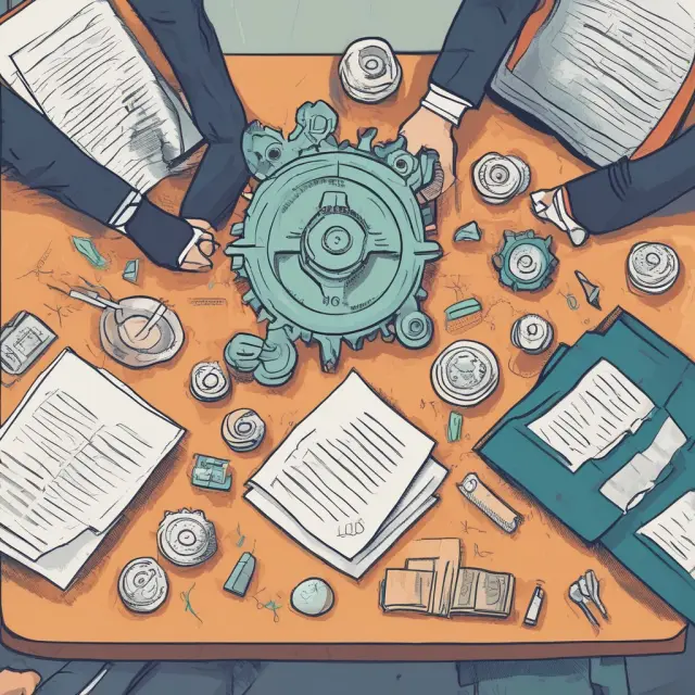 Two individuals discussing take-or-pay contract terms over a table. Interconnected gears represent the mutual benefits and complexities of the negotiation process