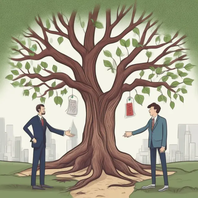 Handshake between two parties under a tree representing take-or-pay provisions, emphasizing risk sharing and mutual benefits