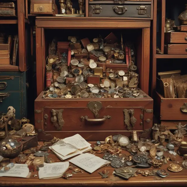 A treasure chest filled with a selection of office equipment, machinery, furniture, and jewelry pieces. Each item is labeled with its corresponding depreciation schedule.