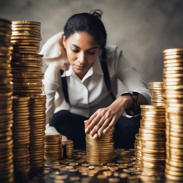 A business owner meticulously sorting through piles of gold coins, representing various tax deductions for tangible personal property investments