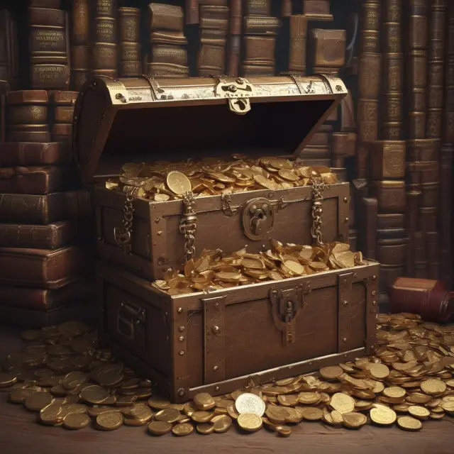 Golden treasure chest filled with a diverse range of tangible personal property, including books, machinery, and gold coins, being assessed for tax purposes.
