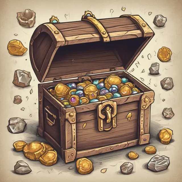 Golden treasure chest filled with precious metals, keys, and gemstones representing various tangible assets.