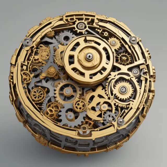 A gearbox brimming with golden coins and interconnected gears, representing the physical and monetary essence of tangible assets