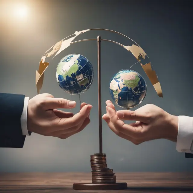 A pair of hands delicately balancing a globe between two extremes: real estate, represented by a house, and stocks, symbolized by a rising graph.