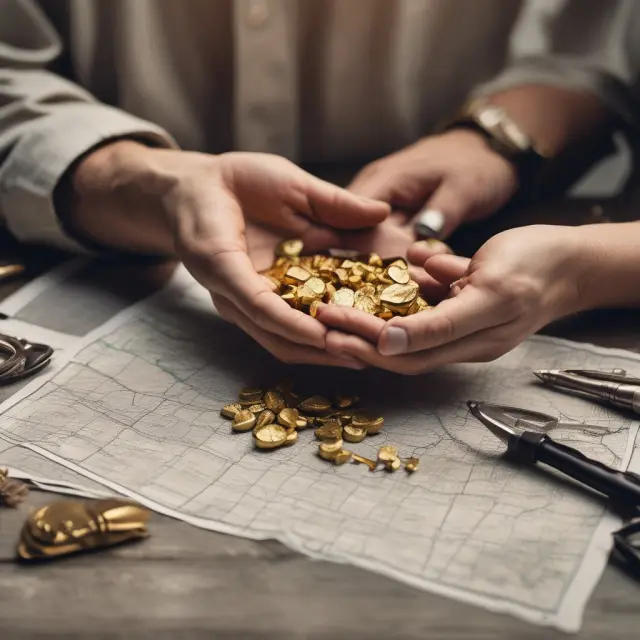 Investor holding gold nugget, farmland map, and real estate keys - symbolizing opportunities in tangible assets: real estate, farmland, and precious metals.