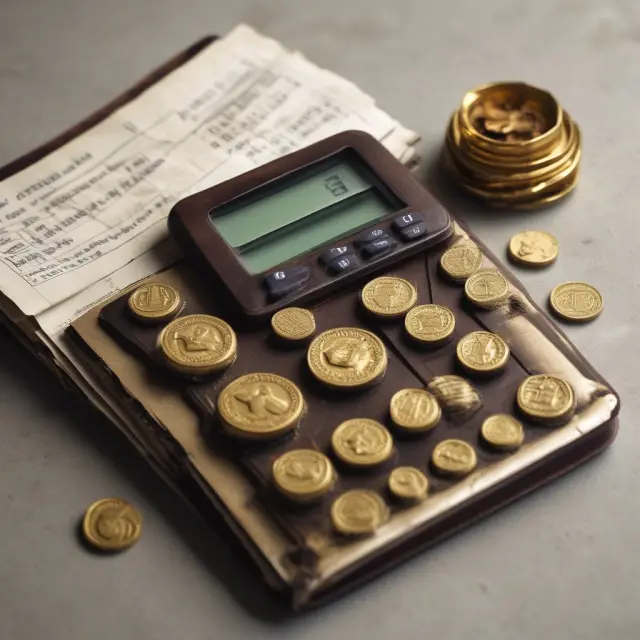 An image of an open ledger containing gold coins and a calculator to illustrate the process of managing tangible assets and their tax implications.