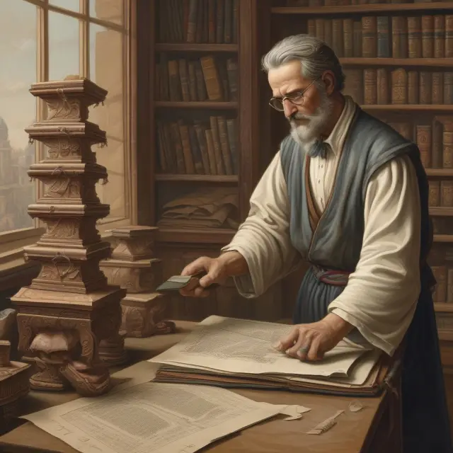 An ancient librarian carefully preserves and maintains tangible assets, surrounded by modern technological advances