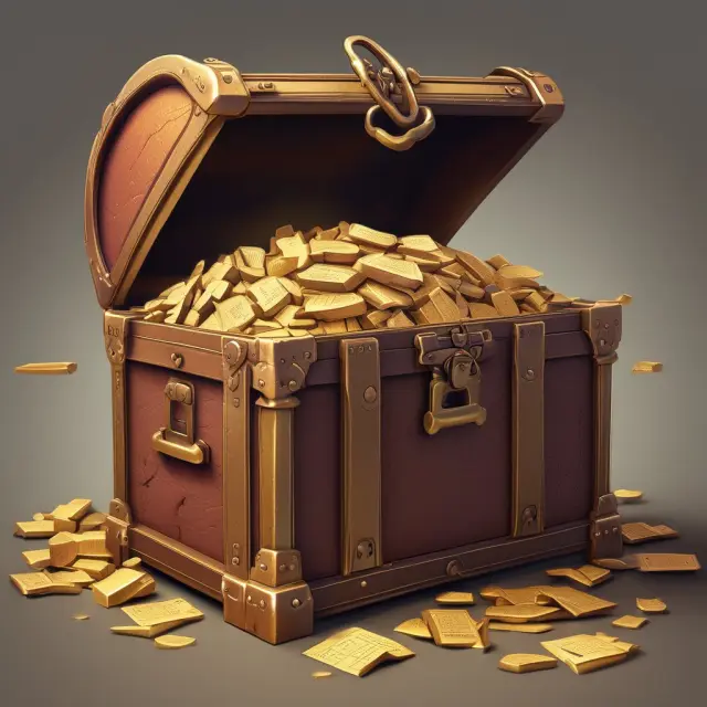 Golden treasure chest illustrating tangible net worth calculation: Total Assets (bars) - Liabilities (scales) - Intangible Assets