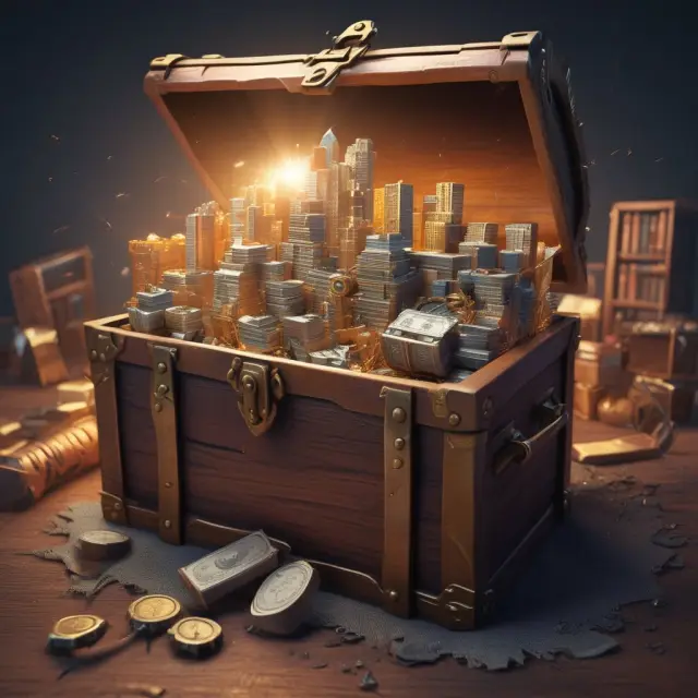A treasure chest filled with various tangible assets such as buildings, equipment, and real estate representing a company
