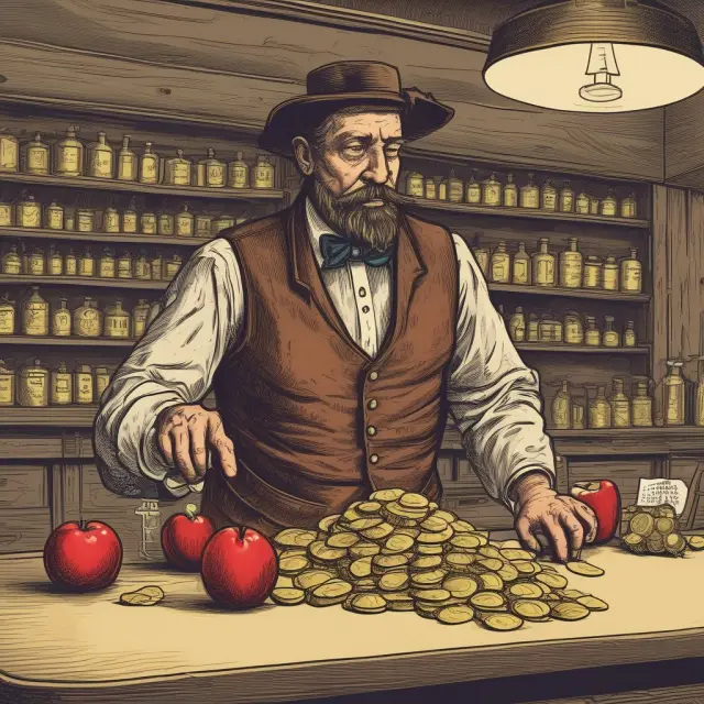 A person at a saloon table deliberates over the trade-off between gold coins and an apple, illustrating the TANSTAAFL principle in decision making