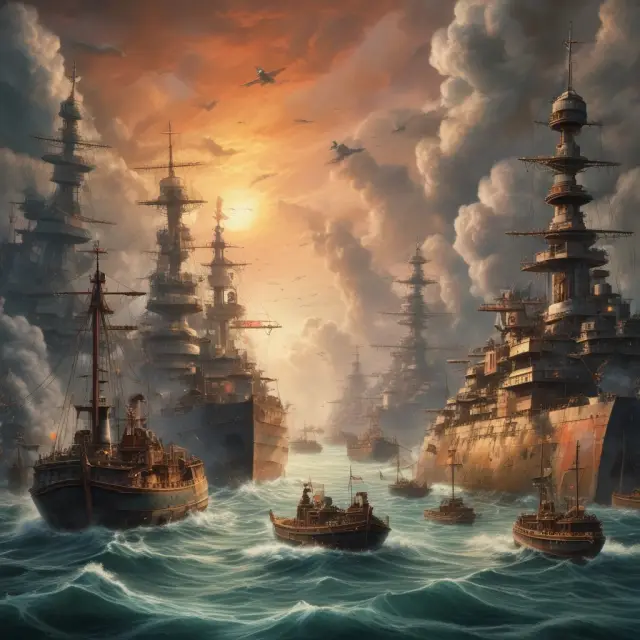 Battleships trading in polluted waters, symbolizing the hidden costs of negative externalities and the importance of acknowledging TANSTAAFL in economics and finance