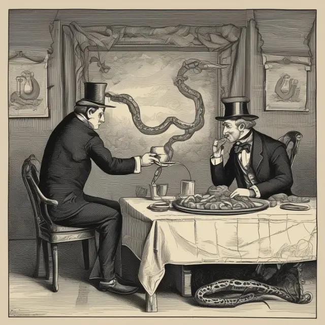 Saloon scene with a snake representing hidden fees sneaking away portions from an illusionary 