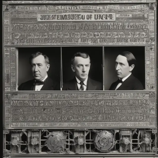 Vintage ticker tape machine displaying the faces of pioneers Calahan, Edison, and Livermore, representing their contributions to tape reading and stock market history.