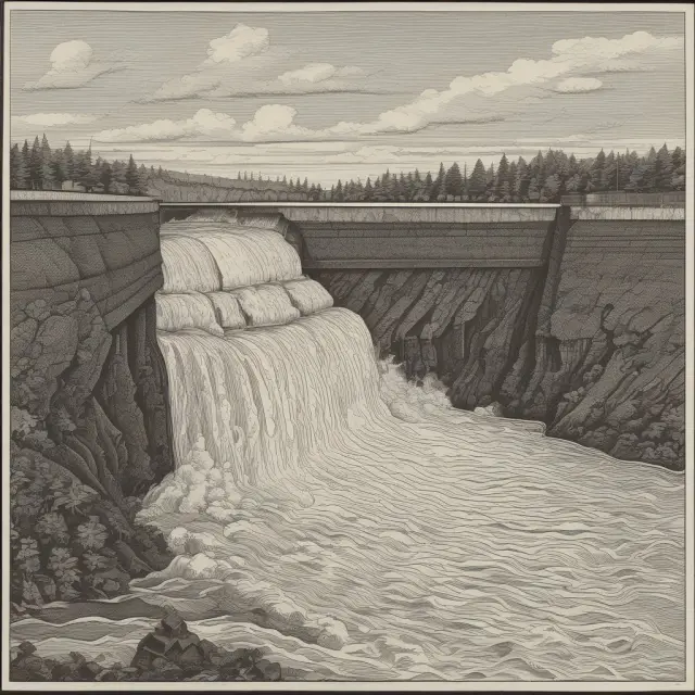 Fed chairman at the controls of a dam, balancing the inflow of money from quantitative easing with the outflow through tapering