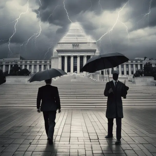 Central Banker holding a large shield to protect an economy during financial storms, illustrating their role in maintaining market stability.