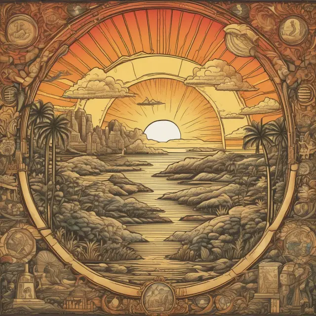 A golden sun setting over a diverse array of assets (stocks, bonds, and cash) illustrates the journey of target-date funds.