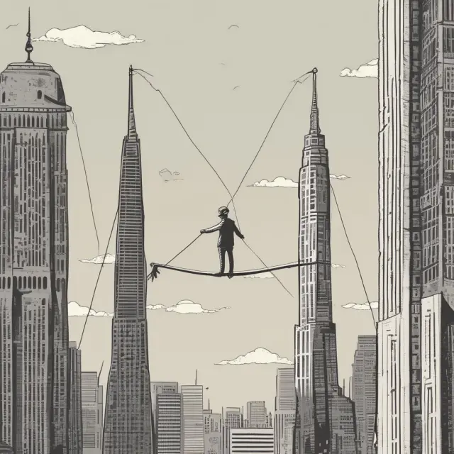 Tightrope walker balancing between two towers, one labeled