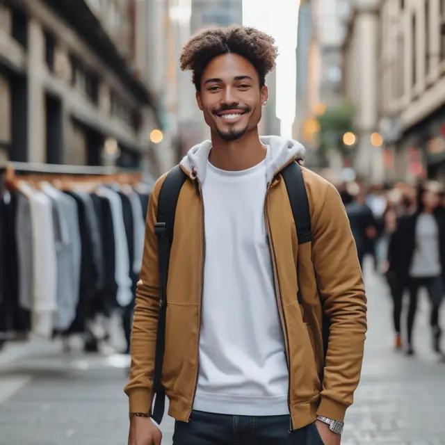 An urban professional examines a ComfortWear item among various brands in a city setting, expressing approval
