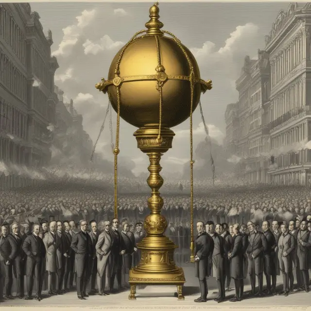 A golden pendulum symbolizing economic thought swinging between open markets (free trade) and protectionist policies during the late 1800s and early 1900s