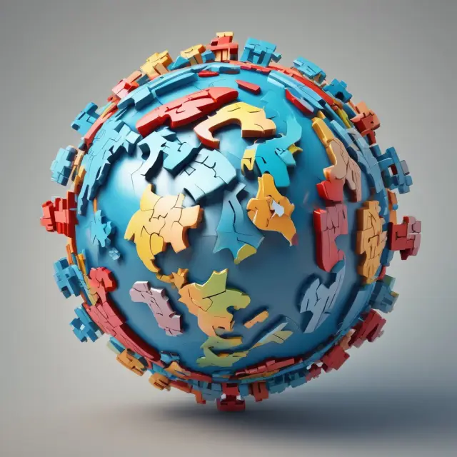 A world map composed of interconnected puzzle pieces represents global economic integration. Some pieces have tariff locks, and the World Trade Organization unlocks them with its emblem.