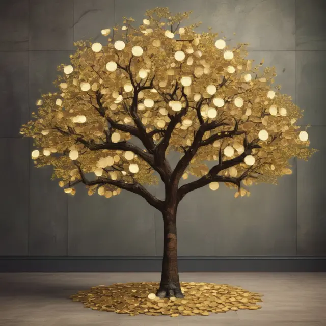 Image of a golden tree filled with coins blooming, representing municipal bonds