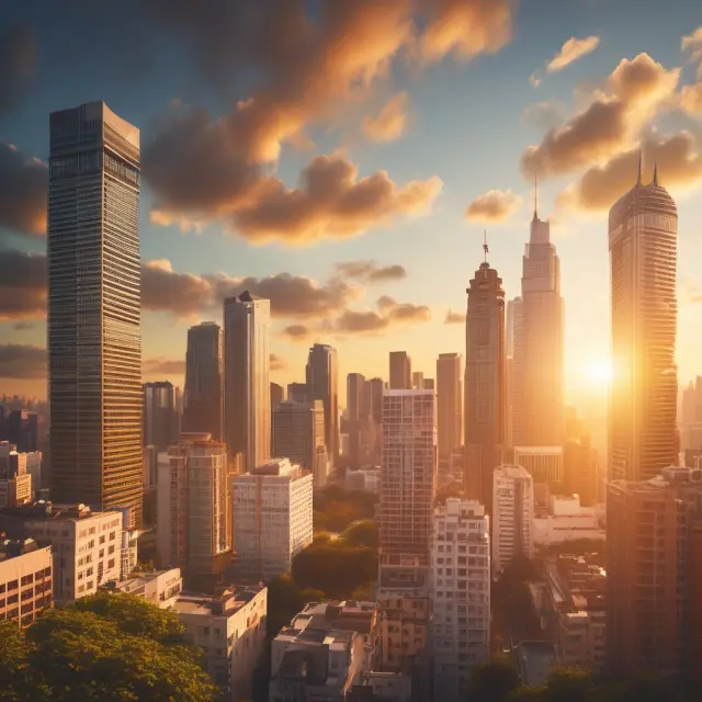 Golden sun setting, buildings, cityscape, two scales, real estate taxes, capital gains, depreciation