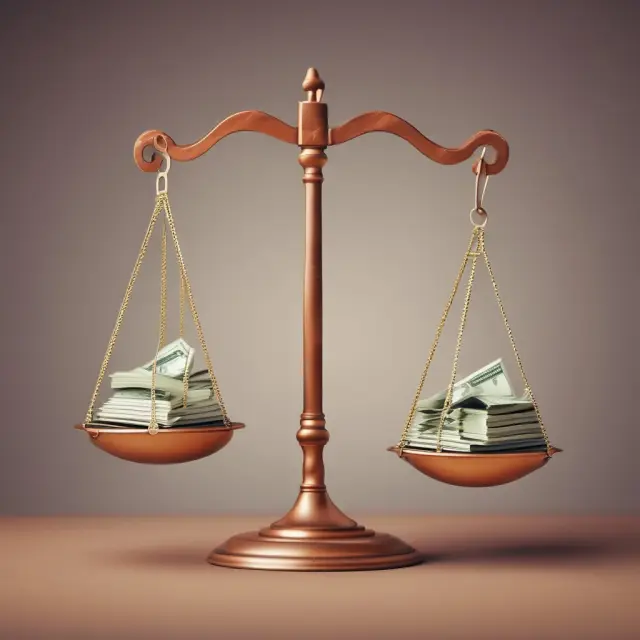 Two balanced scales represent tax credits: one (refundable) tips with excess refunds, while the other (non-refundable) stays level