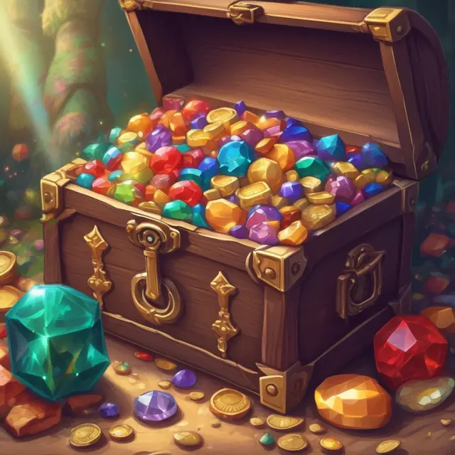 Golden treasure chest filled with coins and gems representing various tax benefits: deductions and credits