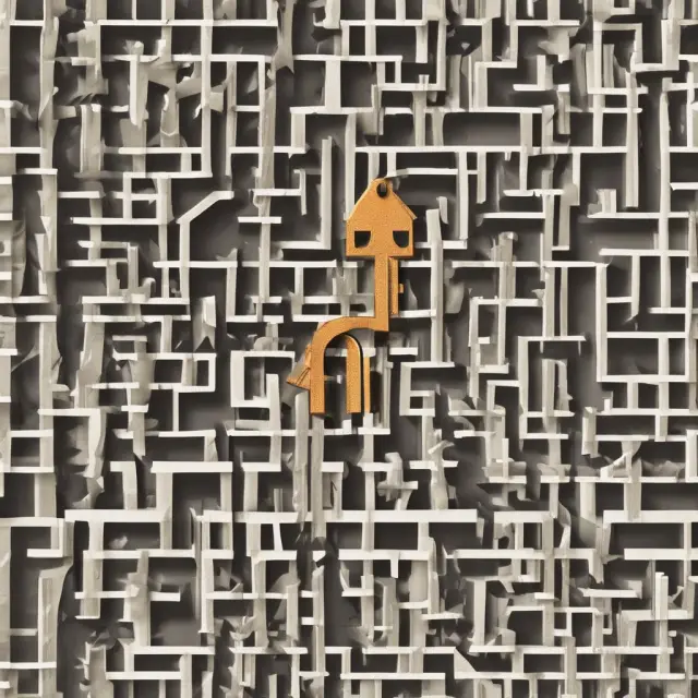 A golden key opening the door to mortgage interest deductions, representing tax savings on homeownership. Includes images of maze, mortgage documents, and a clock (for deadlines)