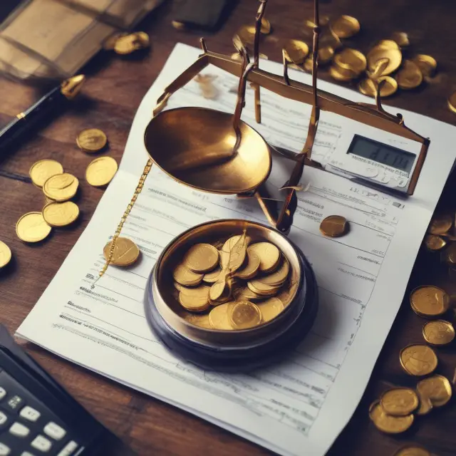 Taxpayer carefully weighing investment interest deductions on scales with gold coins and a pen poised for calculation