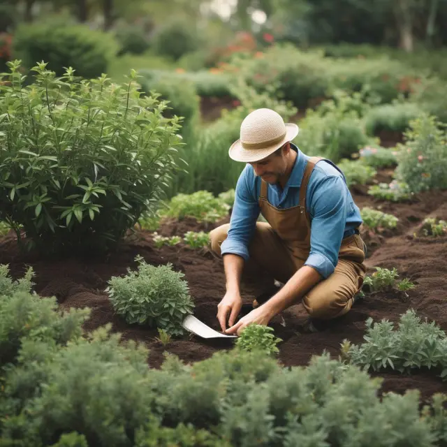 A gardener carefully tends to a garden filled with financial savings jars, meticulously pruning records and strategizing
