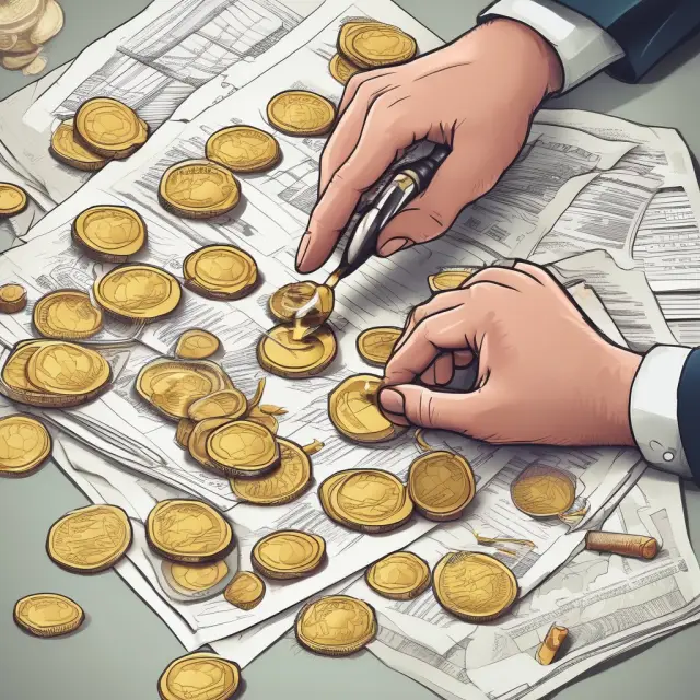 A professional organizing tax deductions for finance and investment professionals - magnified view of gold coins and documents.
