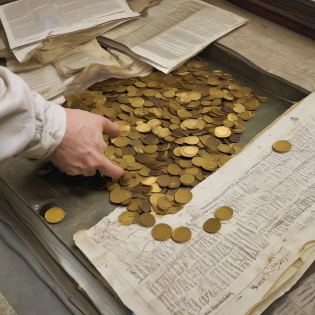 Image of a county clerk weighing a large ancient tax document, causing gold coins to fall into a pool of houses representing foreclosed properties in a tax deed sale