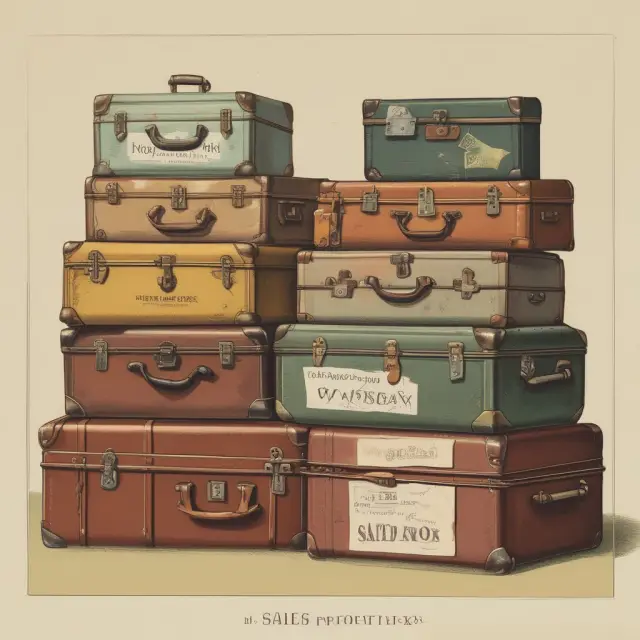 A scene of five suitcases labeled 