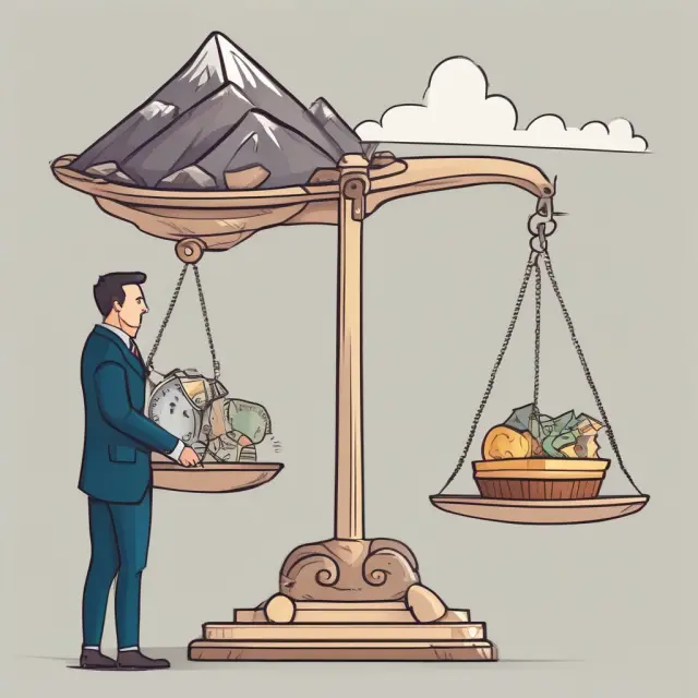 Taxman weighs business profits against tax liabilities, symbolizing financial analysis.