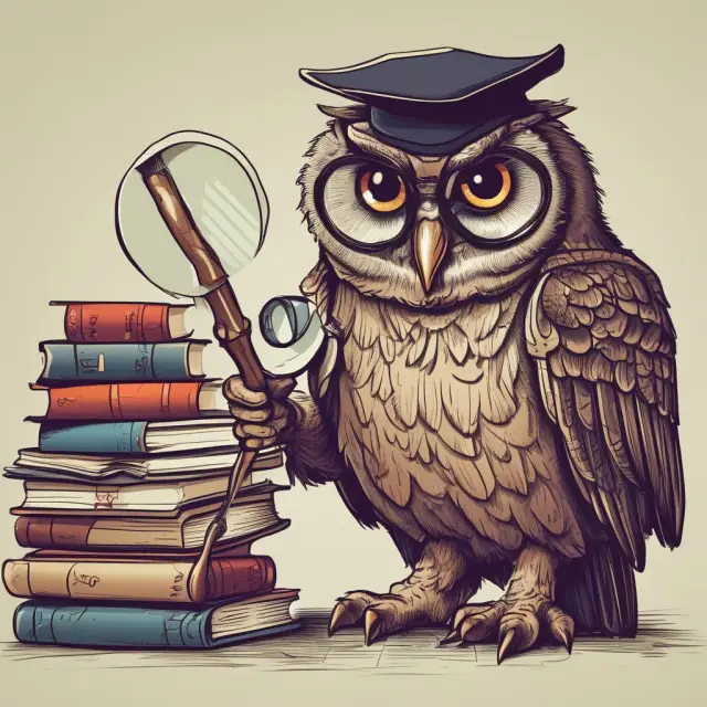 An owl carefully examining books and documents with a magnifying glass to represent diligent tax practice and fraud prevention.