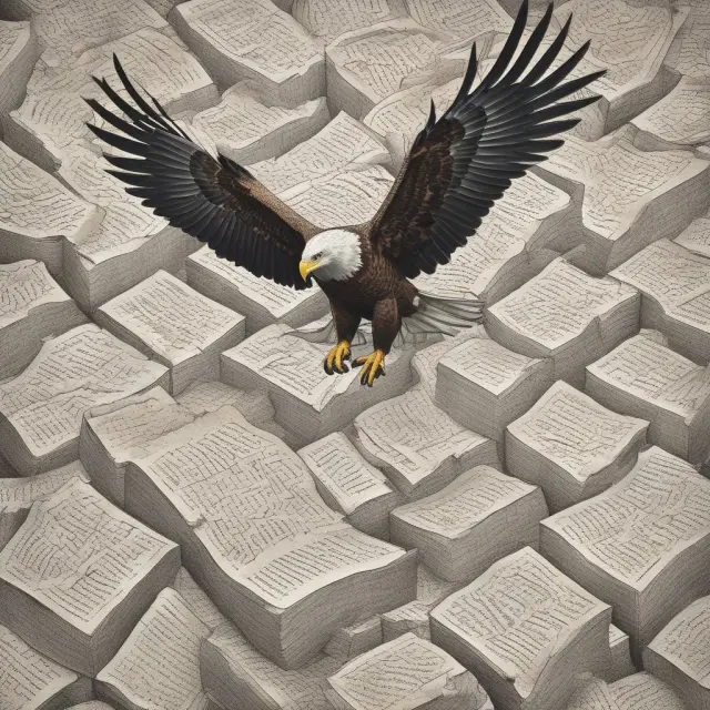 An eagle representing the IRS flies above stacks of tax forms, focusing on a suspicious case, symbolizing tax fraud detection