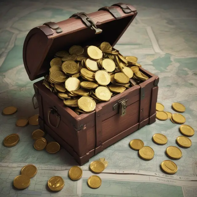 Golden treasure chest overflowing with coins and maps of eight U.S. tax-exempt states, representing the advantages of residing in these areas and investing in municipal bonds.