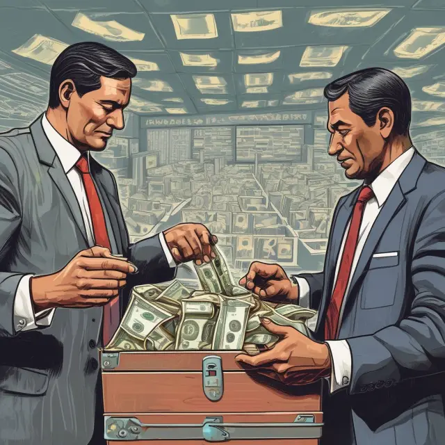 Businessmen sharing Tax Identification Numbers (TINs) during a transaction at a bustling, global marketplace, symbolizing the importance of TINs in business and financial interactions.