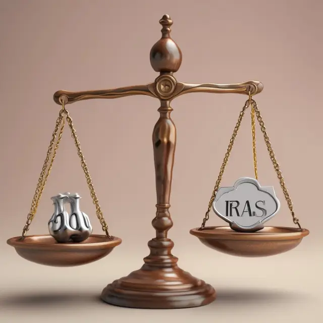 Scales representing retirement plans (IRAs and 401(k)s) balancing tax efficiency and savings.