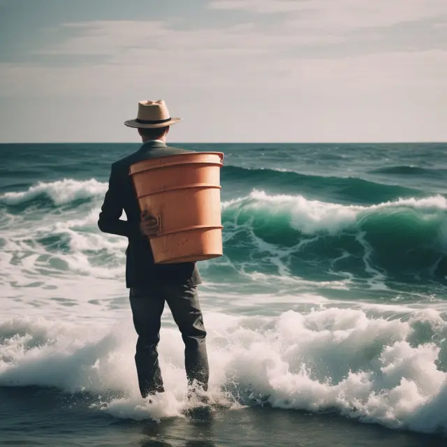 An investor on a boat in the sea, managing gains (waves) and losses (bucket), applying tax rules for optimal tax savings.