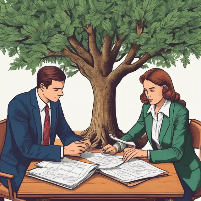 Metaphorical image of a married couple strategizing under a tree, one person holding a scale representing filing status and the other a compass for income levels to optimize their tax liabilities