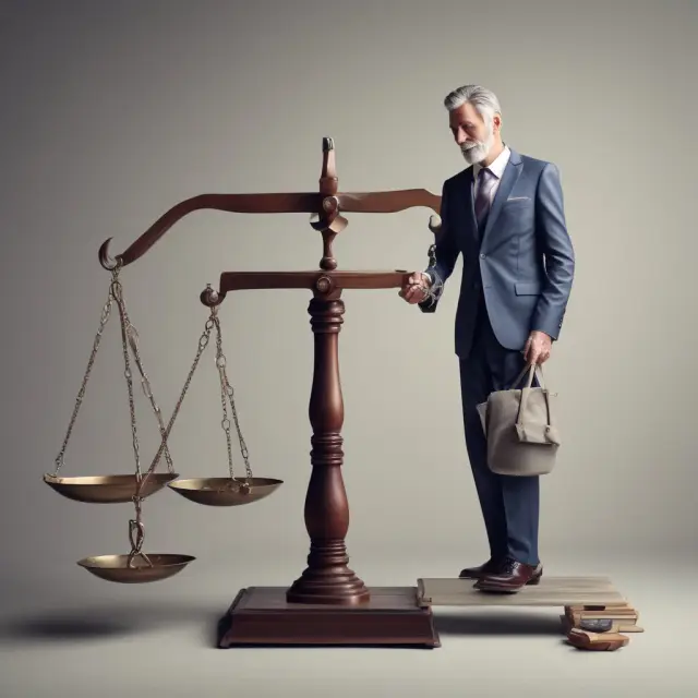 A wealthy man weighs the benefits of charitable donations and tax-loss harvesting on a balance scale, with stock market graphs and charity organization symbols in the background.