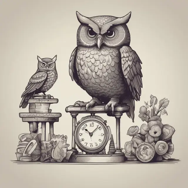 A wise owl advising on tax planning strategies, with scales in hand, surrounded by gears symbolizing income timing and shifting coins for expenditures