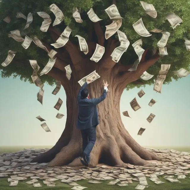 A taxpayer stands under an overflowing money tree, representing unexpected tax refunds due to misfiled W-4s, intentional overpayments, or eligible tax credits