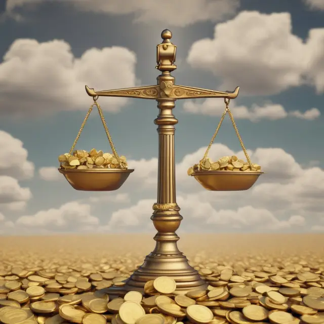 Gold coins piling up on one side of a scale, with missed investment opportunities symbolized by empty pockets on the other